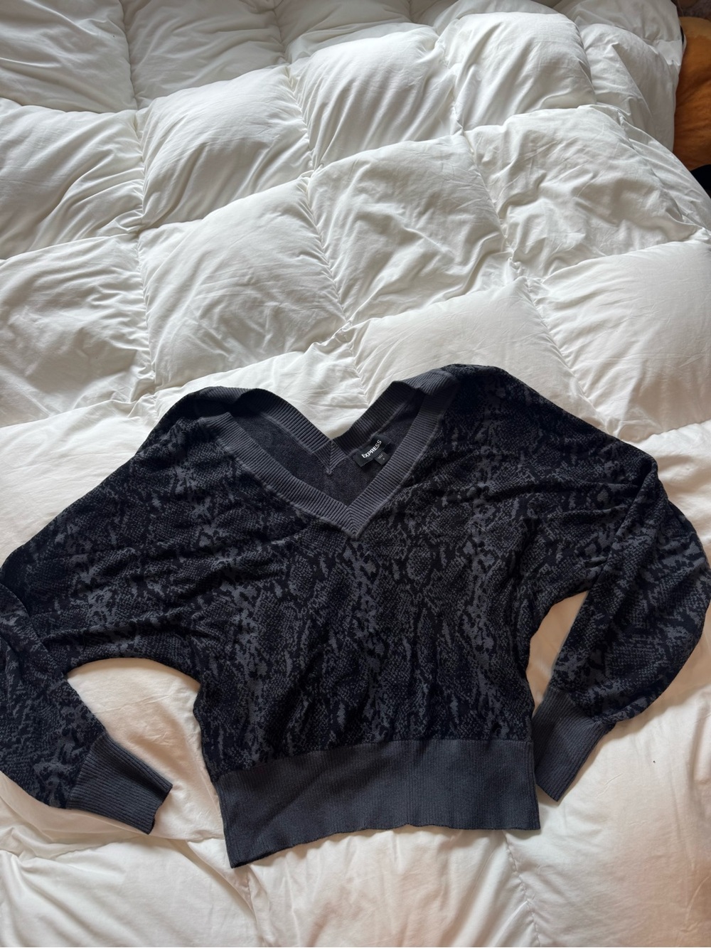 Express Black V-Neck Women's Sweater with Subtle Snake Texture